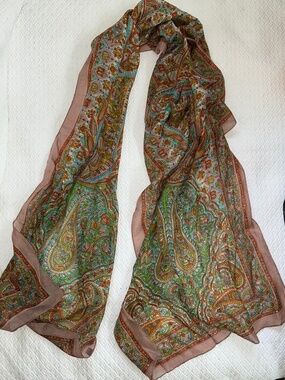 Ethnic Indian wear 100% silk green terracotta pink paisley rectangle scarf